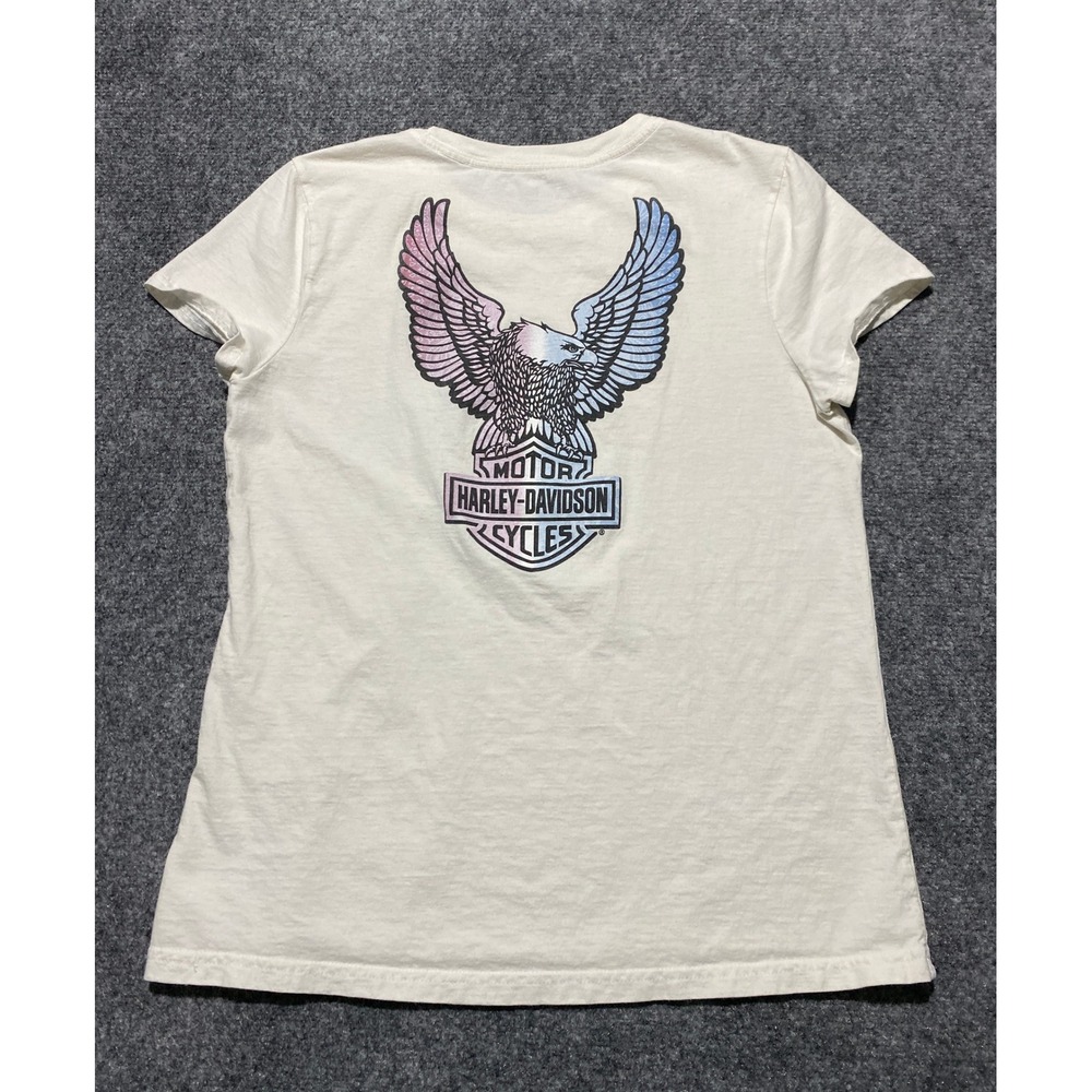 Harley Davidson Womens Medium Cream T-Shirt Pastel Eagle Graphic Logo Tee